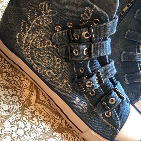 New Paisley Embroidered Denim High Top Sneakers - Picture 12 of 13